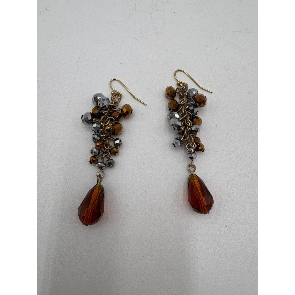 Amber Bronze Silver Beaded Cluster Teardrop Dangle Earrings Gold Tone Hooks